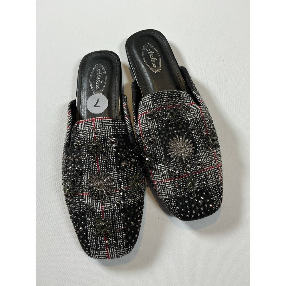 Atalina Plaid Embellished Rhinestone Mules Slides Loafers Black Size 7